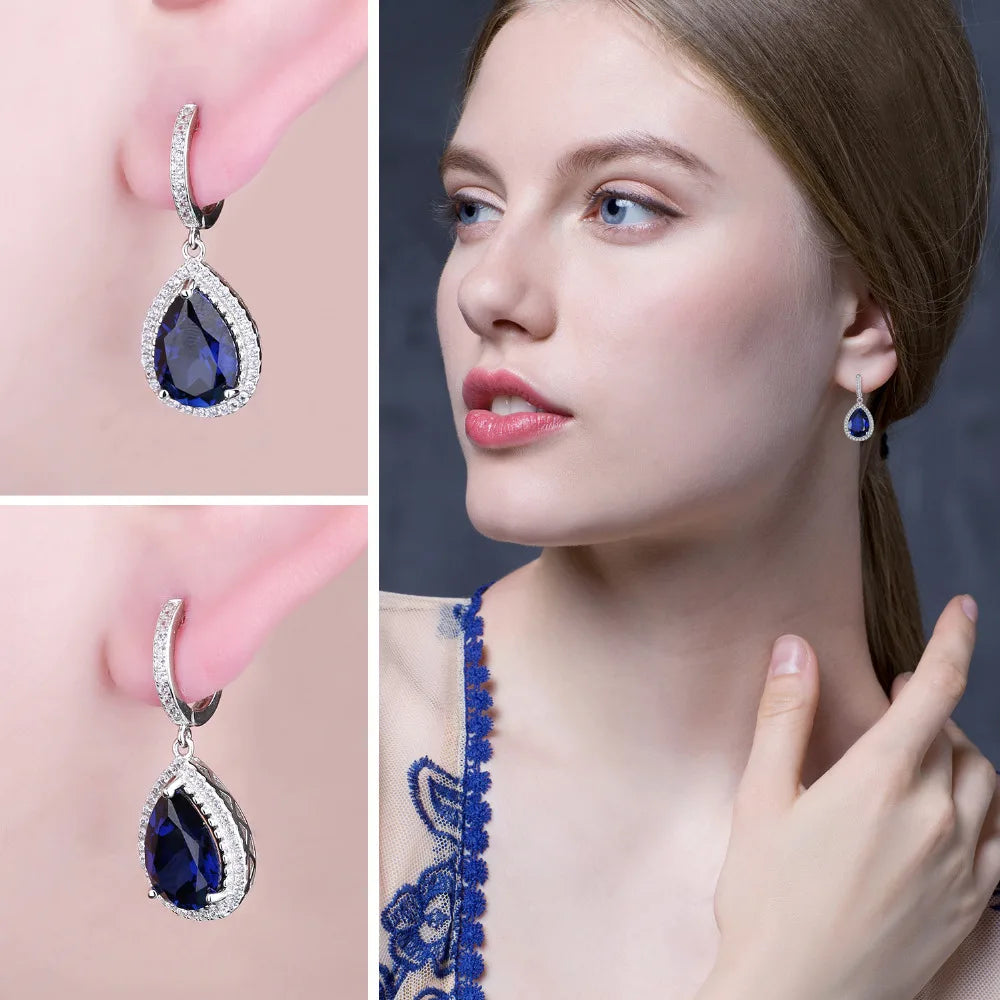JewelryPalace 12ct Huge Pear Created Blue Sapphire 925 Sterling Silver Dangle Earrings for Women
