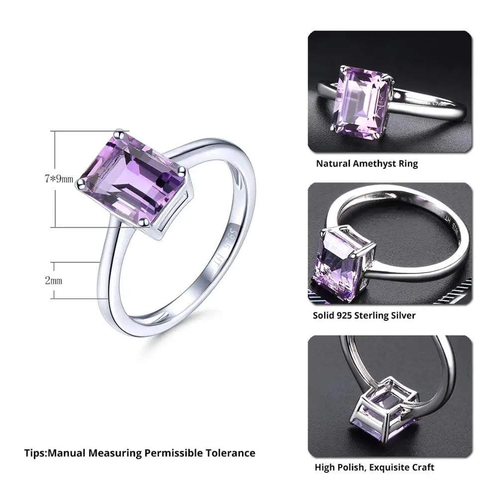 Natural African Amethyst Silver Women's Ring 2.39 Carat Octagon Cut Purple Crystal Classic Design Women Birthday Christmas Gift