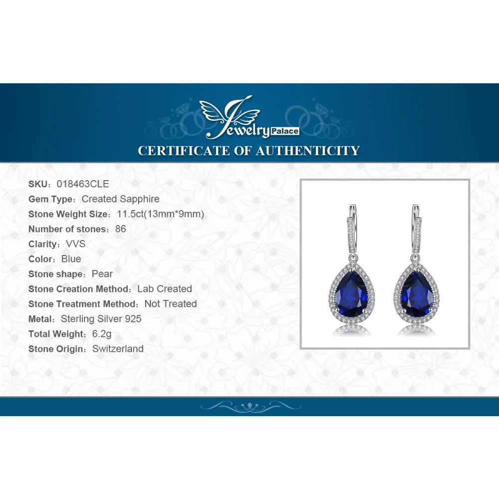 JewelryPalace 12ct Huge Pear Created Blue Sapphire 925 Sterling Silver Dangle Earrings for Women