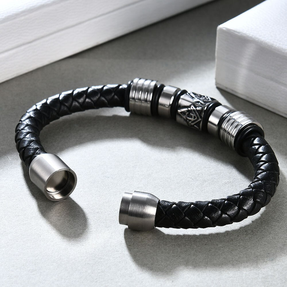 New Super Cool Men Magnetic Buckle Genuine Leather Bracelet Stainless Steel Masonic Bracelets Men Jewelry