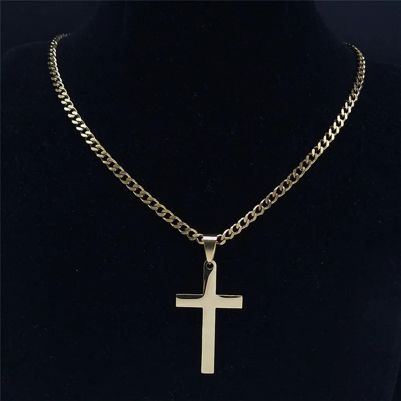 Christian Hip Hop Stainless Steel Jesus Cross Chain Necklace for Women Men Gold Color Statement Necklace Jewelry Collier Croix