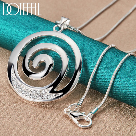 DOTEFFIL 925 Sterling Silver AAA Zircon Round Spiral Pendant Necklace 16-30 Inch Chain For Woman Man Charm Wedding Jewelry