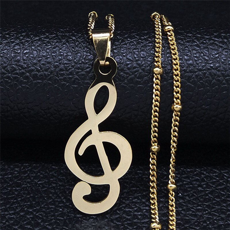 Fashion Music Note Heart of Treble and Bass Clef Stainless Steel Necklace Women/Men Gold Color Necklaces Jewelry colgantes N1147 C 50cm JZP GD