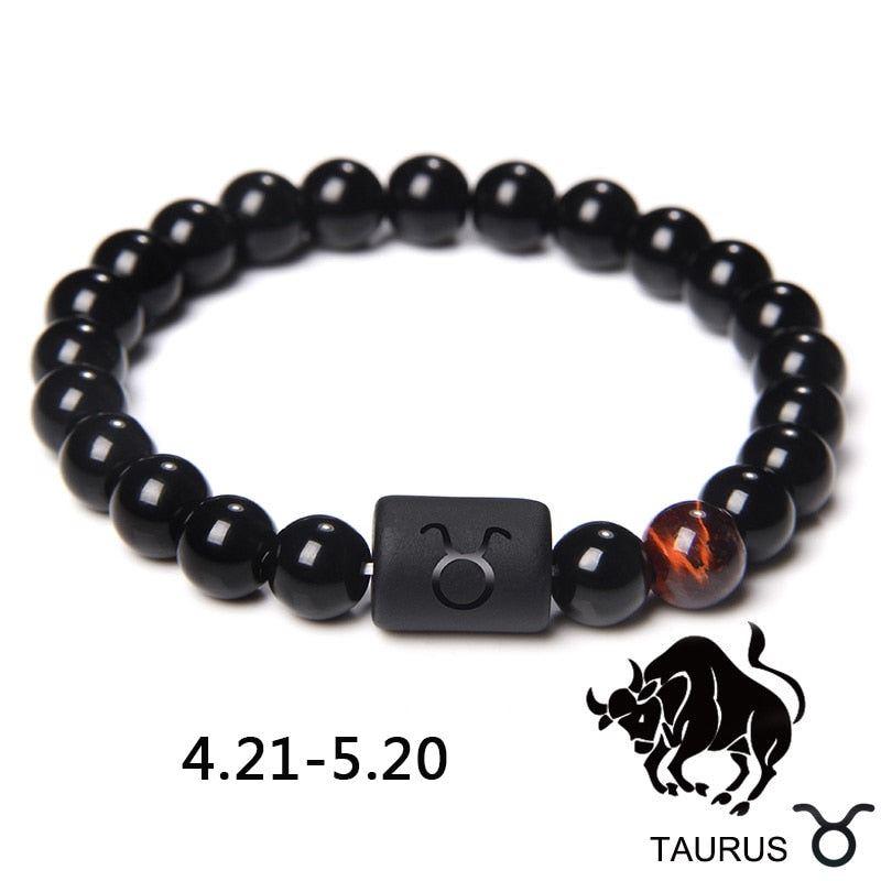 12 Zodiac Signs Couples Bracelet Natural Stone Beaded Charm Bracelet Best Friend Leo Virgo Libra Stretch Bracelet for Men Women Taurus