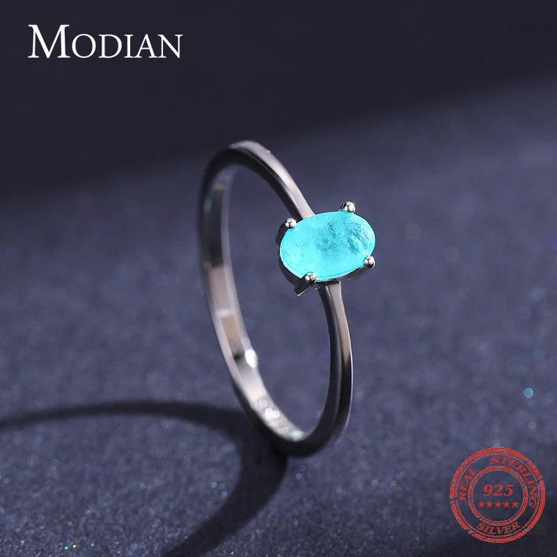 Modian 925 Sterling Silver Fashion Oval Finger Rings for Women Elegant Paraiba Tourmaline Engagement Wedding Statement Jewelry