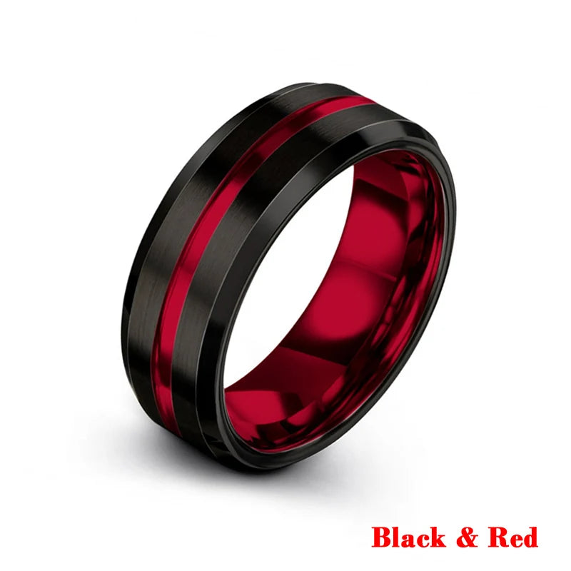 Fashion 8MM Men's Stainless Steel Rings Blue Red Colorful Groove Beveled Edge Wedding Engagement Ring Men's Anniversary Jewelry