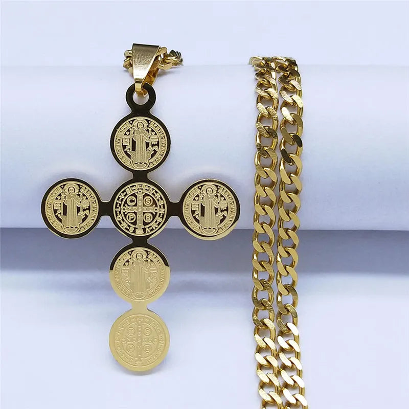 2026 Fashion Stainless Steel Cross Necklace for Women Men Saint Benedict Gold Color Necklaces Jewelry Gifts Collar Cruz N3450S05