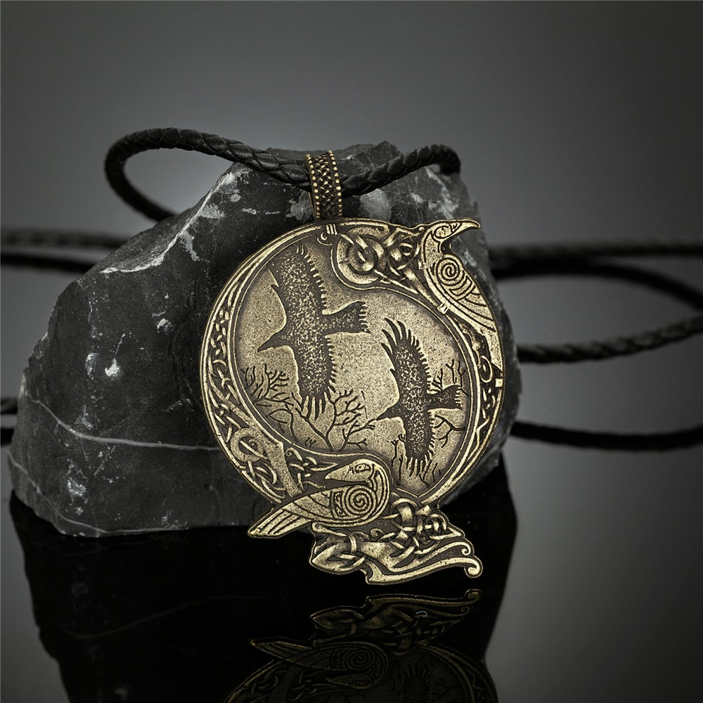 Vikings Odin&#39;s Raven Necklaces Men Norse Vegvisir Amulet Antique Bronze Metal Pendant Crow Scandinavian Punk Gothic Male Jewelry Bronze Leather Rope 60CM