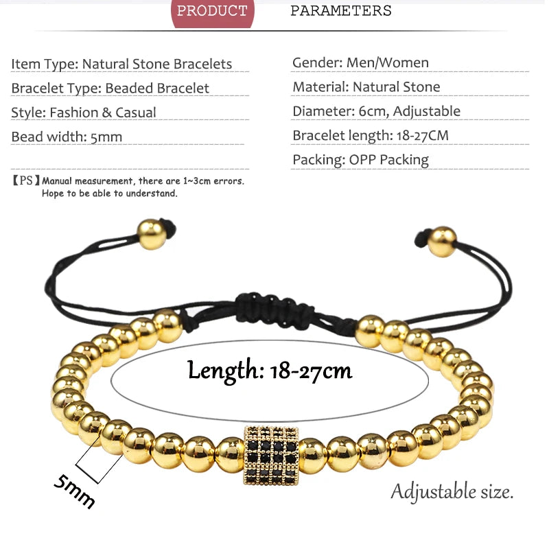 New Couple Bead Bracelet Micro CZ Crown Braided Bracelets For Men Women Adjustable Bangles His Hers Hand Jewelry Lover DIY Gifts