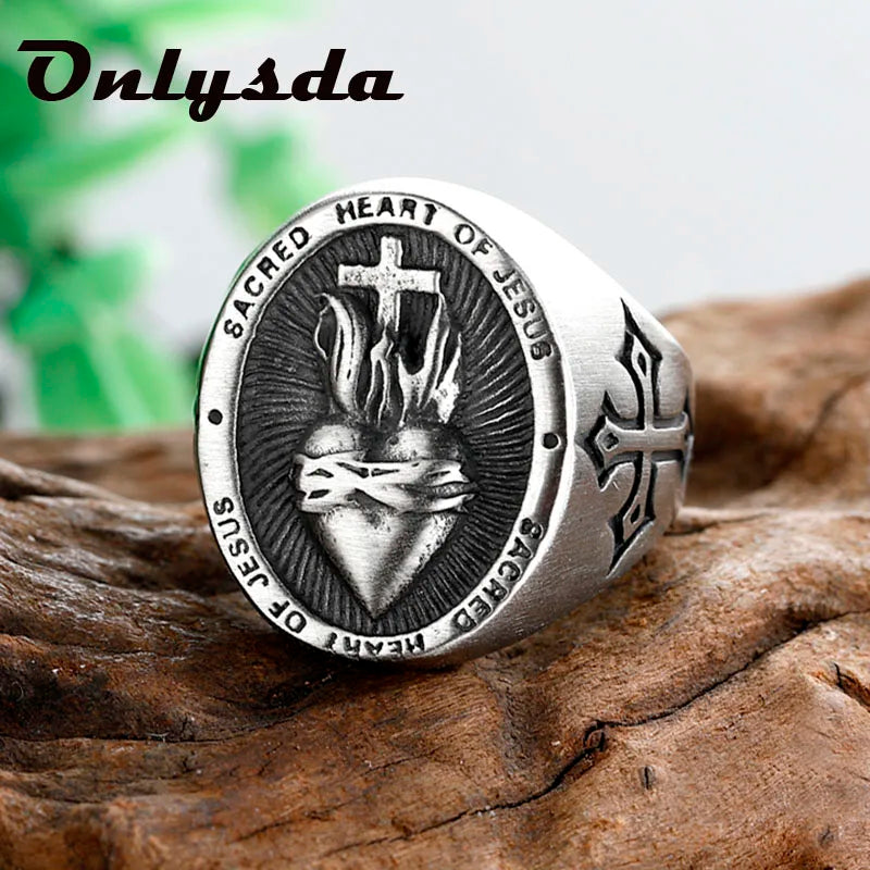 Vintage Dropshipping Stainless Steel Ladies Mens Biker Punk Sacred Heart Of Jesus God Ring Cross Amulet Jewelry For Man Gift OSR607