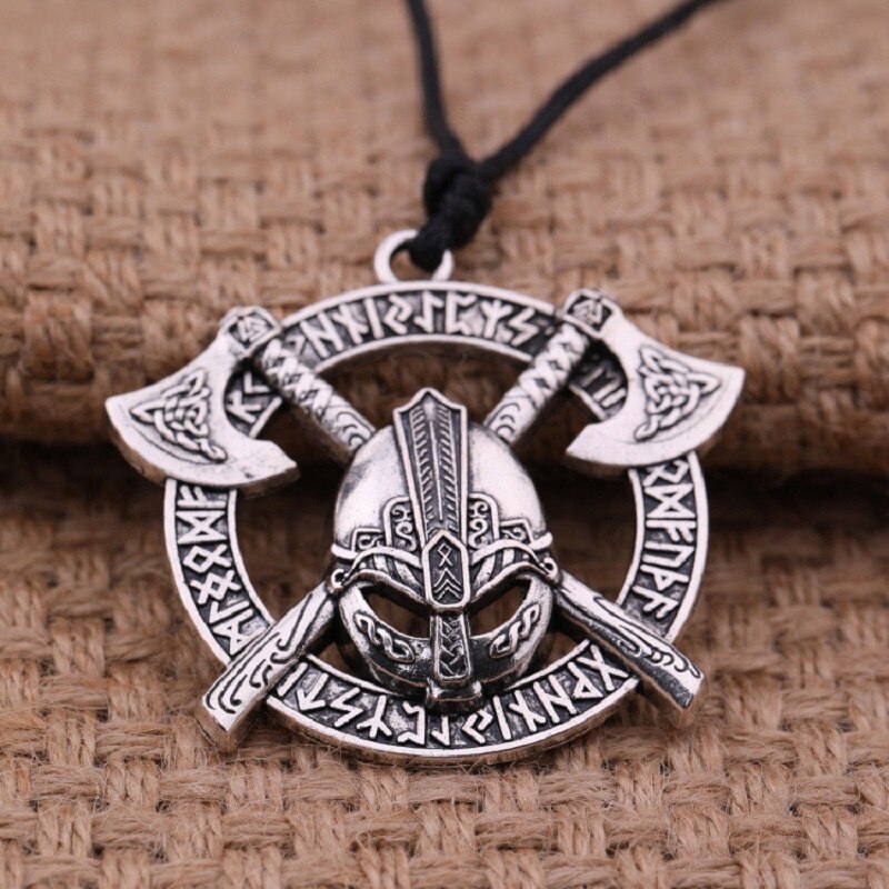 Viking Runes Warrior Helmet Round Pendant Necklace for Men Battle Warrior Axe Logo Pendant Rope Chain Retro Jewelry 2021 Trend