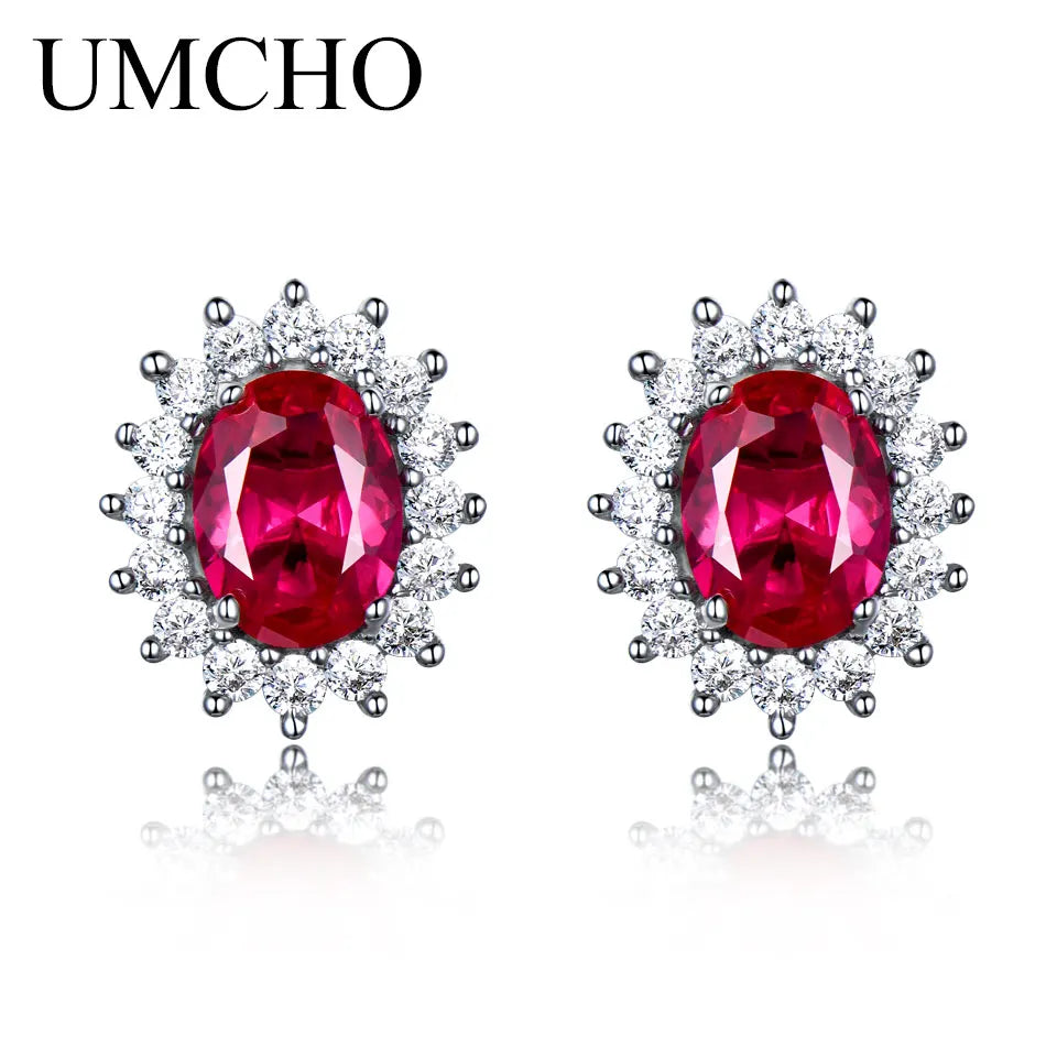 UMCHO Luxury Genuine 925 Sterling Silver Earrings for Women Blue Sapphire Diana Wedding Party Jewelry Romantic Gift Fine Jewelry Ruby