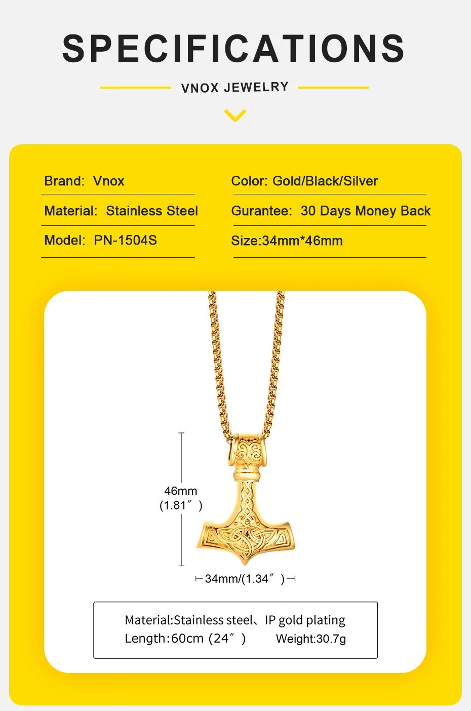 Vnox Vintage Men Norse Viking Necklaces,Rock Punk Retro Thor Mjolnir Hammer Pendant,Scandinavian Nodic Amulet Rune Neck Jewelry