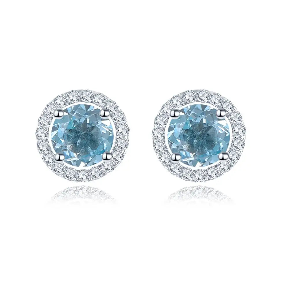 Hutang Round cut 5.0mm Blue Topaz 925 Sterling Silver Stud Earrings Natural Gemstone Fine Elegant Women Jewelry for Gift Sky Blue Topaz