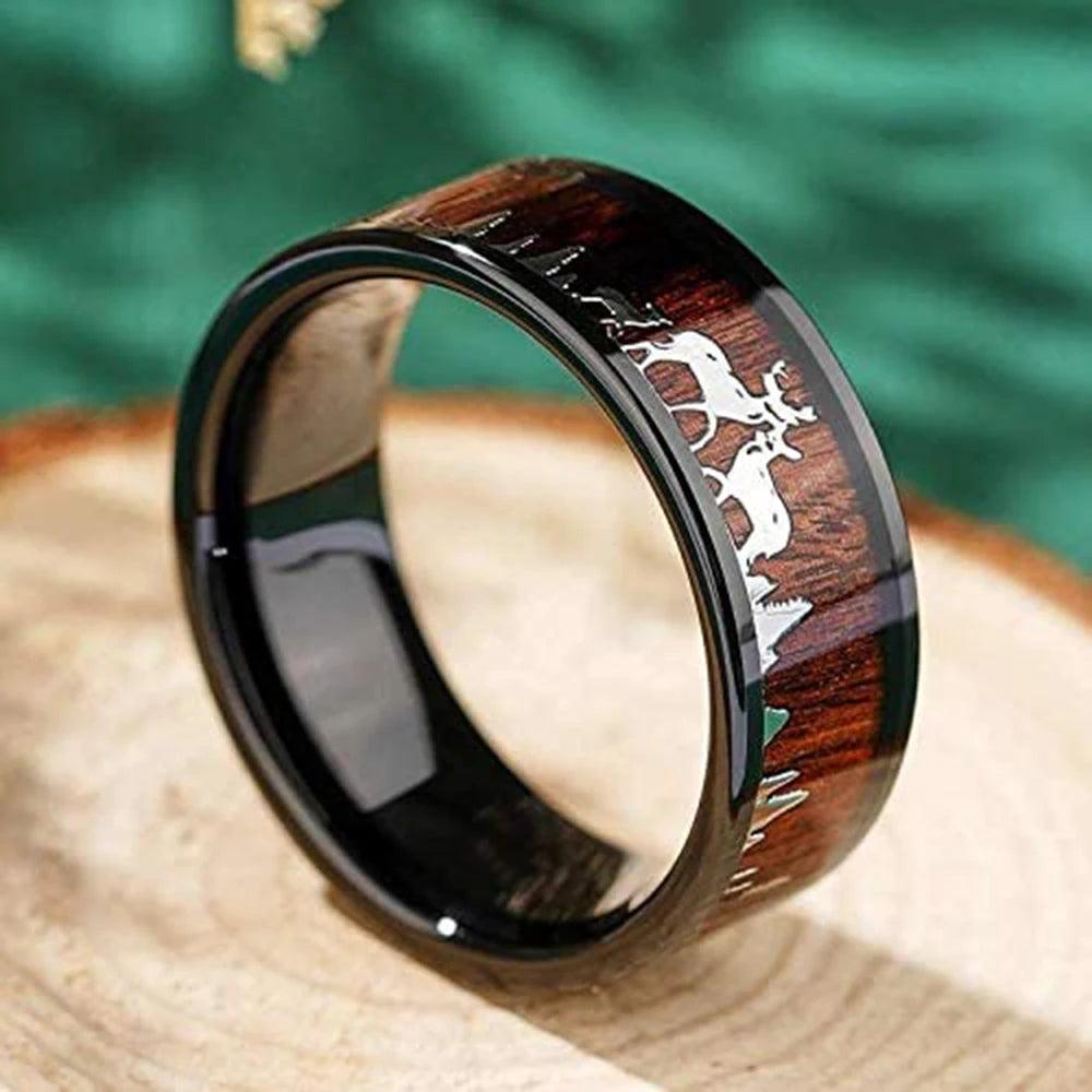 Fashion 8mm Deer Antler Black Titanium Stainles Steel Rings For Men Women Forest Elk Antler Ring Wedding Ring Men Wedding Band