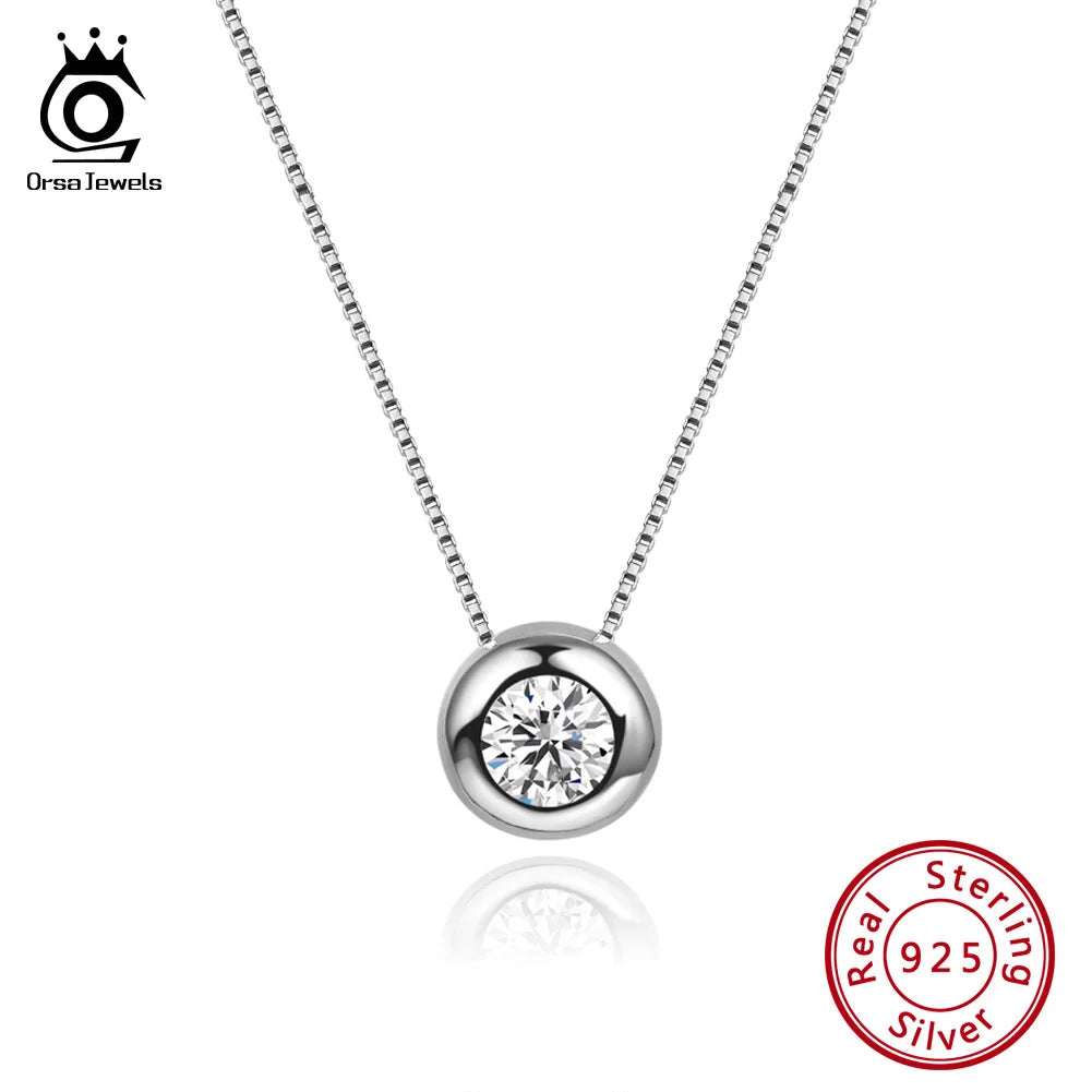 ORSA JEWELS Real 925 Silver Woman Round Pendants Necklaces Sterling Silver AAAA CZ Clavicle Chain Necklace Female Jewelry SN136