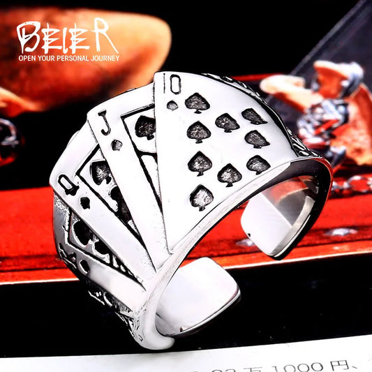 BEIER 316L stainless steel Fashion Playing Card Spades Flush Adjustable Men's Ring Rock High Quality Jewelry LLBR8-730R