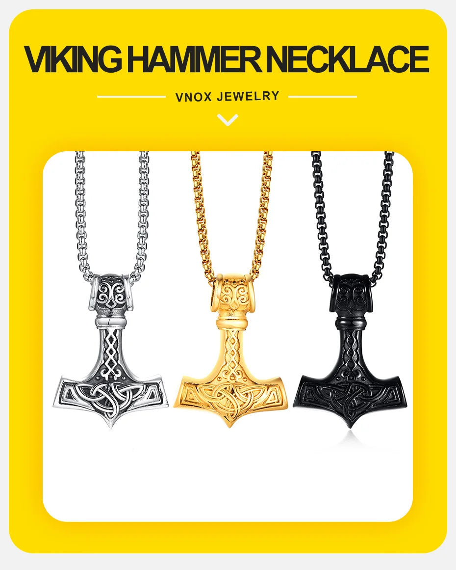 Vnox Vintage Men Norse Viking Necklaces,Rock Punk Retro Thor Mjolnir Hammer Pendant,Scandinavian Nodic Amulet Rune Neck Jewelry
