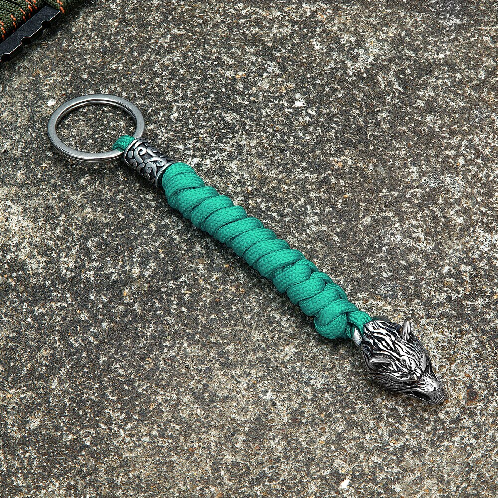 Vintage Wolf Head Keychains Vikings Pendant Stainless Steel Lanyard Rope Survival Keyring Handmade Male Backpack Key Ring Steel Bright Green