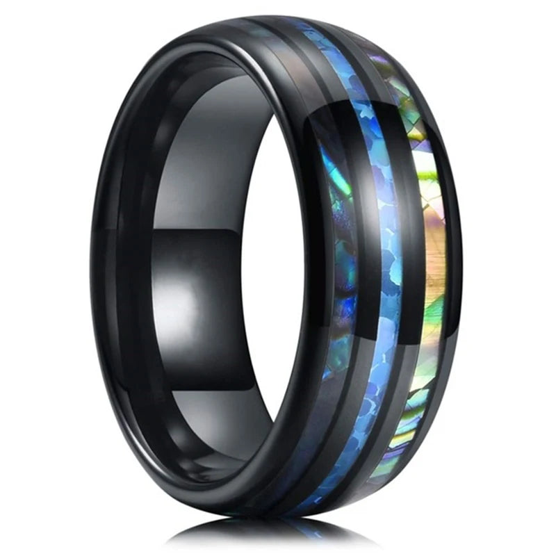 Fashion 8mm Silver Color Men Stainless Steel Rings, Pink Rose Abalone Shell Meteorite Inlay Rings for Men Women, Wedding Jewelry