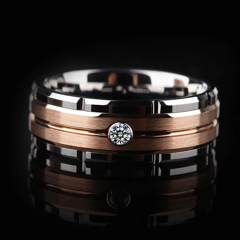 Fashion 8mm Men's Double Groove Beveled Steel Ring Rose Gold Color Brushed Inlay AAA Zircon Ring Men's Wedding Band Jewelry Gift