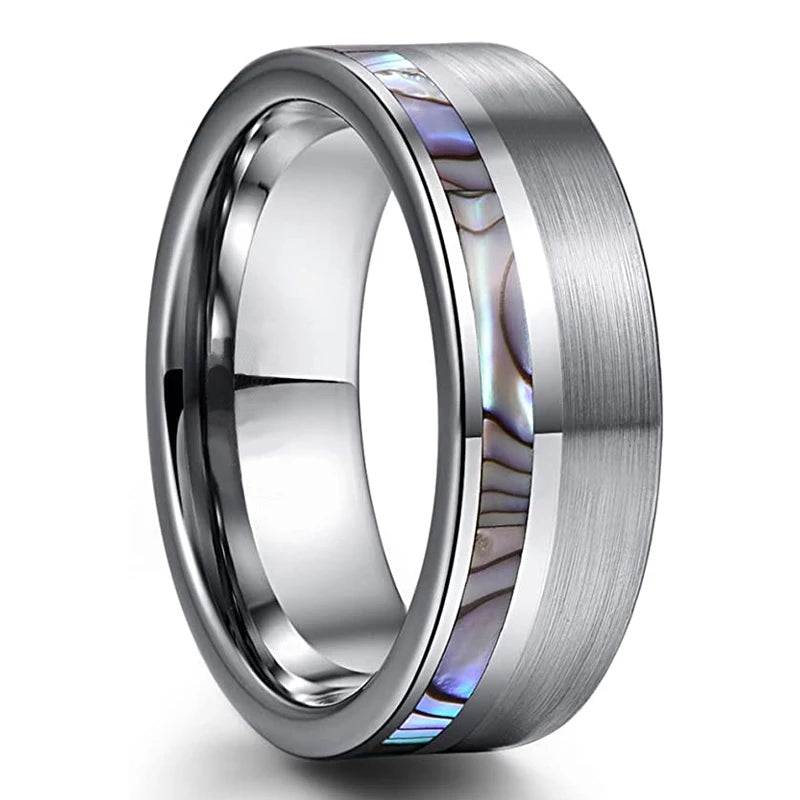 8mm Men's Rose Gold Color Stainless Steel Rings Hawaiian Koa Wood And Abalone Shell Opal Inlay Ring Men's Wedding Band Jewelry