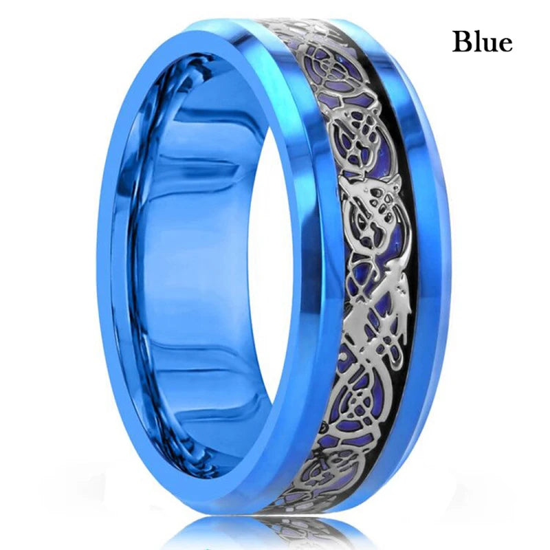 21 Colors 8mm Men's Stainless Steel Celtic Dragon Ring Inlay Red Green Black Carbon Fiber Ring Wedding Band Jewelry Size 6-13