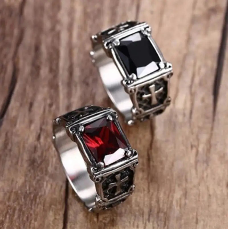 Fashion Personality Templar Knight Red Shield Cross Ring for Men High Quality Metal Ring Trend Jewelry