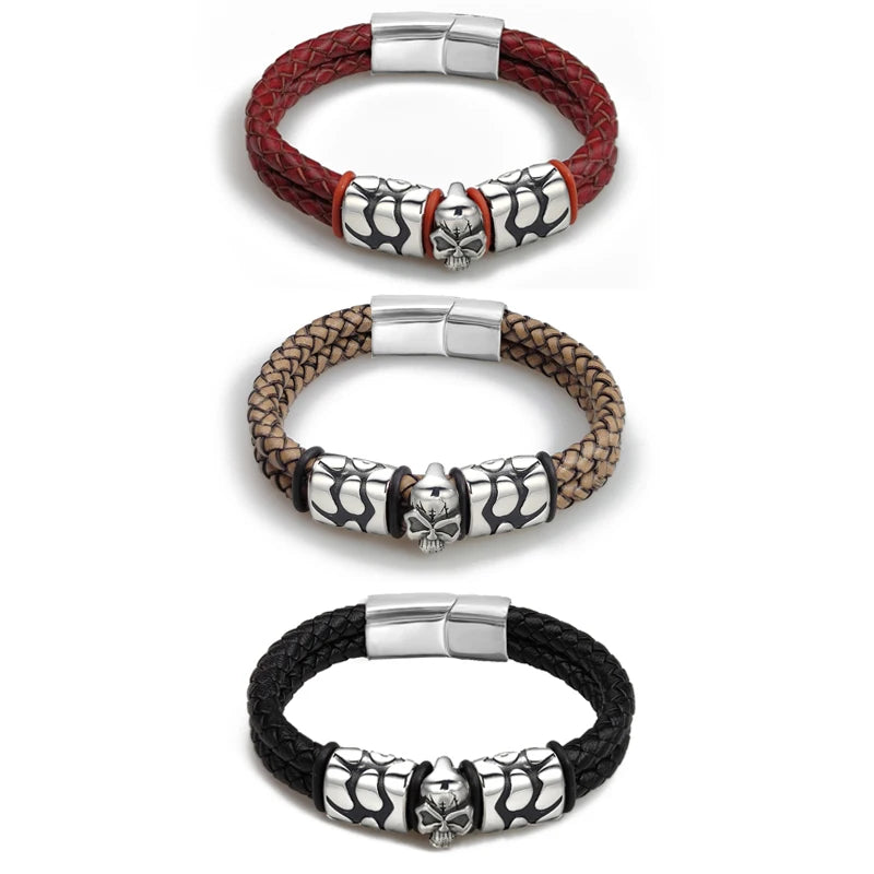 Pop Bohemian Style 316 Stainless Steel Men's Bracelet Ghost Head Accessories Woven Wine Leather Woman Bracelet 7 Day Delivery