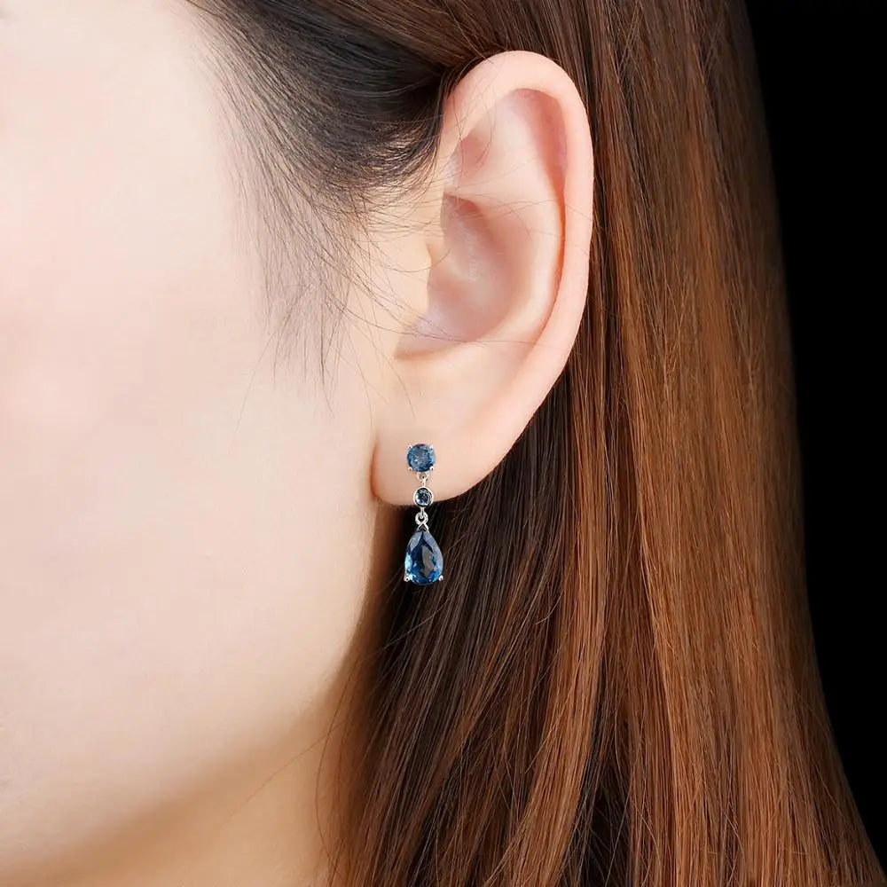 Natural Blue Topaz Solid Silver Earring for Women 4 Carats Dark Blue Topaz Pear Cut Women Elegant Classic Jewelry New Year Gift