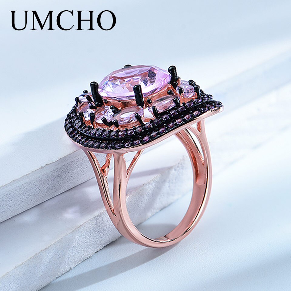 UMCHO 925 Silver Created Pink Morganite Rings for Women Stackable Wedding Statement Sterling Silver Fine Jewelry