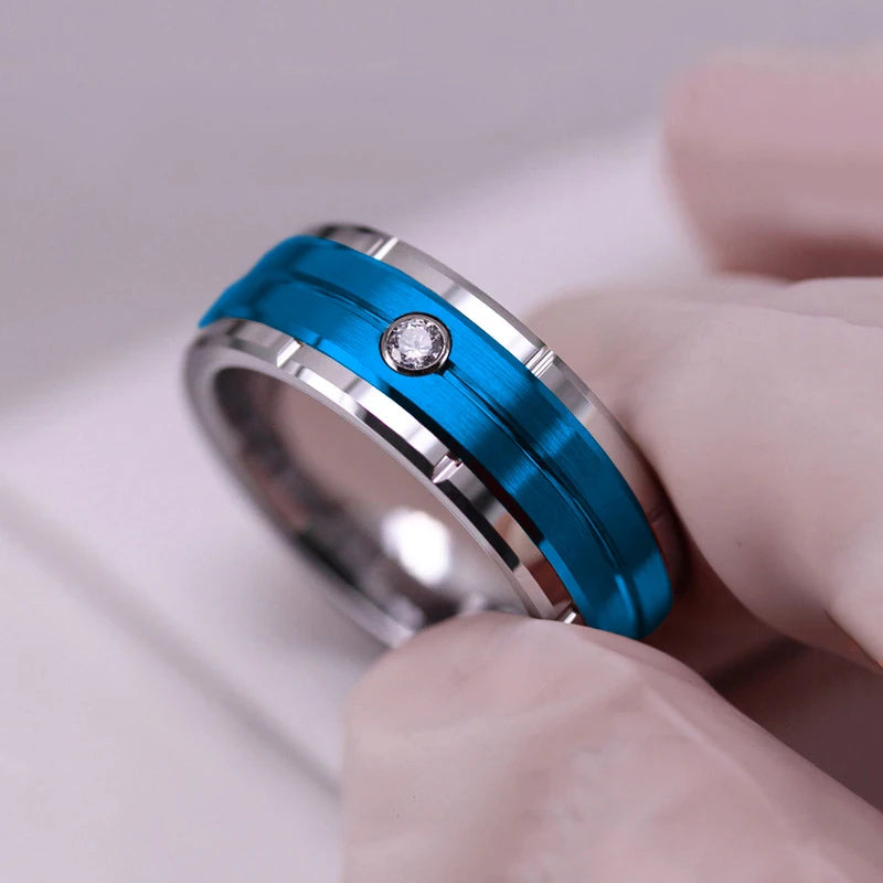 New Fashion 8mm Men's Double Groove Beveled Stainless Steel Ring Blue Brushed Inlay AAA Zircon Ring Men's Wedding Band Jewelry