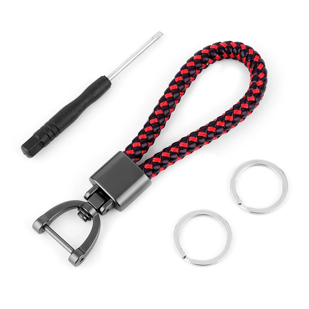 High-Grade Keychain for Men Women Rotatable Key Chain Luxury Hand Woven Leather Horseshoe Buckle Car Key Ring Holder Accessories Black-Red