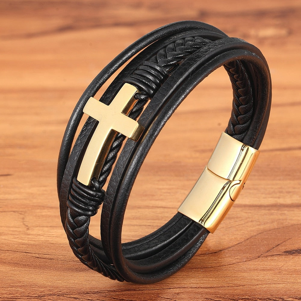 TYO Classic Style Cross Men Bracelet Multi-Layer Stainless Steel Leather Bangles Magnetic Clasp For Friend Fashion Jewelry Gift Gold