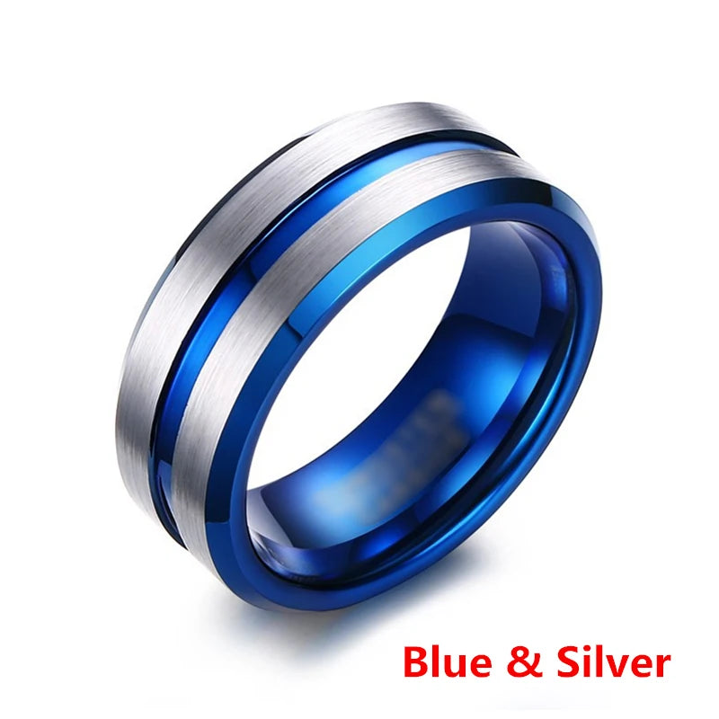 Fashion 8MM Men's Stainless Steel Rings Blue Red Colorful Groove Beveled Edge Wedding Engagement Ring Men's Anniversary Jewelry