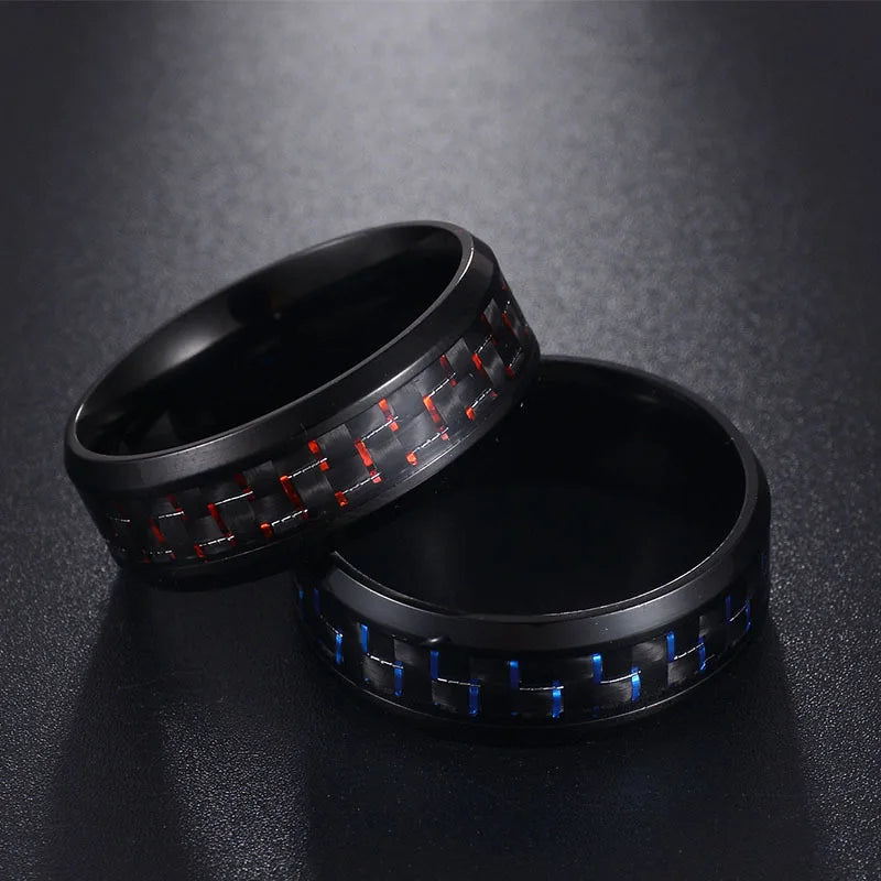 Punk Titanium Steel Black Carbon Fiber Mens Rings Fashion Red Blue Green Ring Anel Masculino Jewelry Wholesale