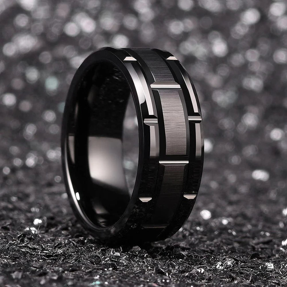 New Fashion 8mm Men's Double Groove Beveled Stainless Steel Ring Blue Brushed Inlay AAA Zircon Ring Men's Wedding Band Jewelry