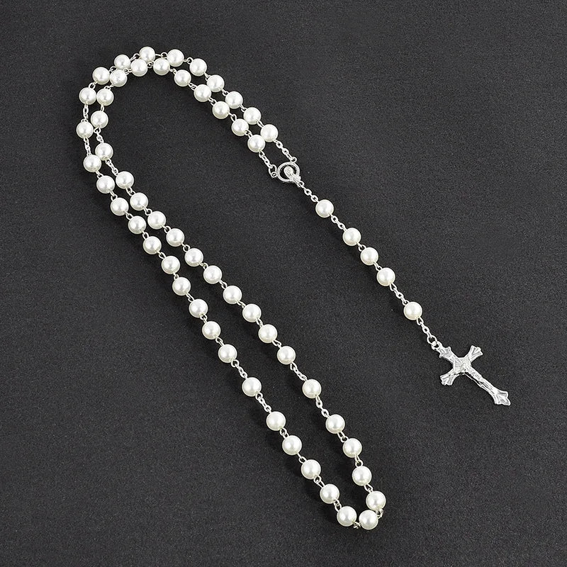 Vintage Pearl Bead Chain Christian Catholic Rosary Cross Rosary Pendant Necklace for Women Men Charm Religious Jewelry Gifts