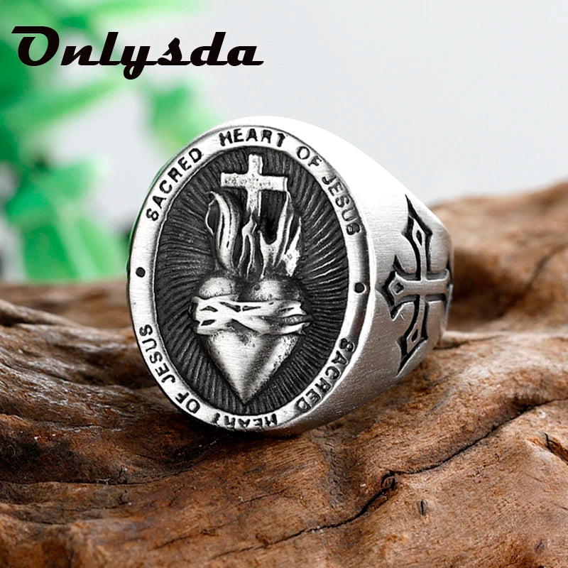 Vintage Dropshipping Stainless Steel Ladies Mens Biker Punk Sacred Heart Of Jesus God Ring Cross Amulet Jewelry For Man Gift