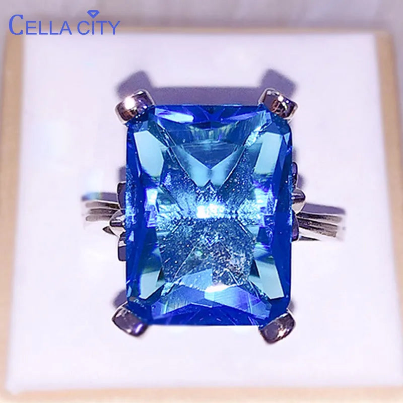 Cellacity Simple Luxury Geometry Sapphire Ring for Women Gorgeous Silver 925 Jewelry with Rectangular Gemstones Leaf Wedding