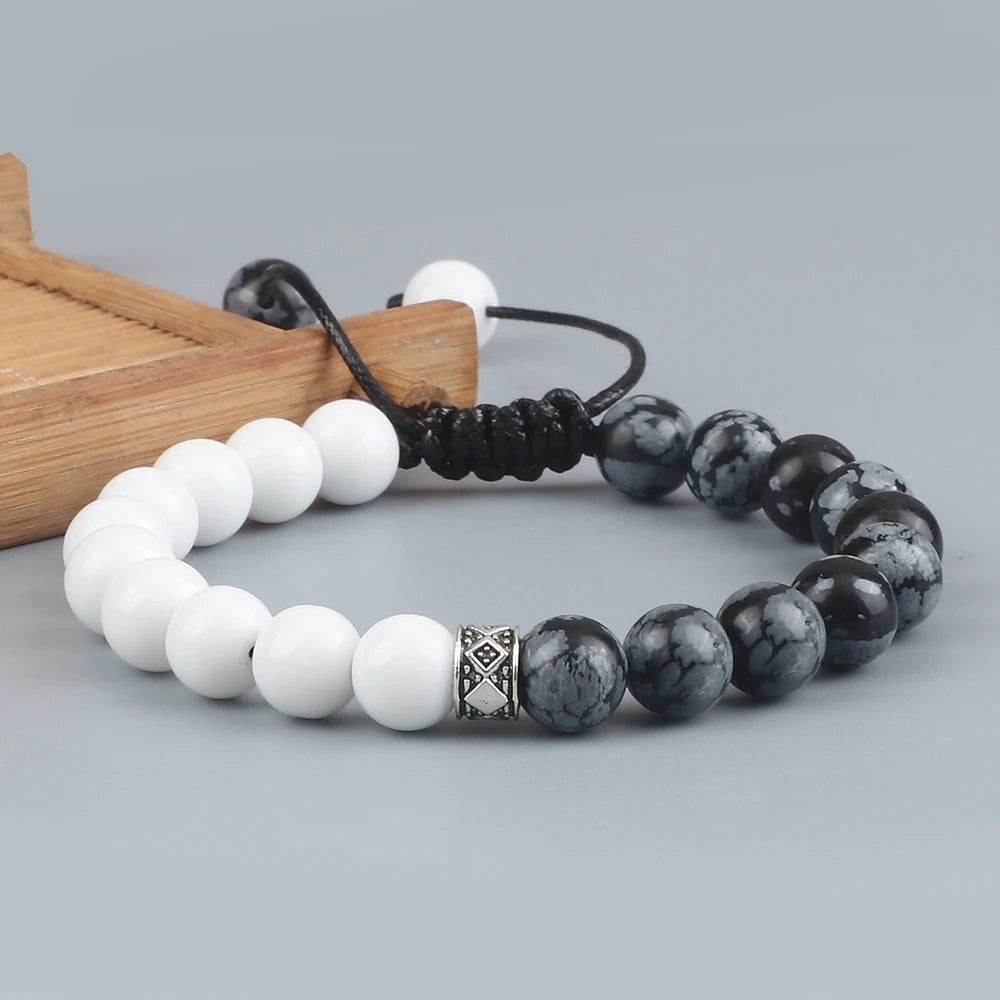 Fashion Black White Beaded Bracelets For Men 8mm Natural White Howlite Stone Beads Bracelet Women Meditation Prayer Jewelry Gift