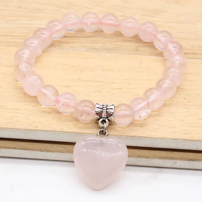 KFT Natural Round Loose Beads Stone Dangle Heart Bracelet Healing Crystal Quartz Reiki Stone Bracelets Jewelry for Women Men