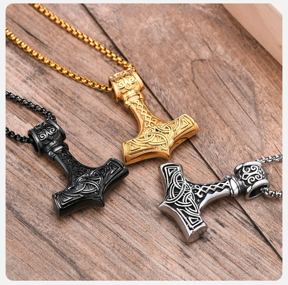Vnox Vintage Men Norse Viking Necklaces,Rock Punk Retro Thor Mjolnir Hammer Pendant,Scandinavian Nodic Amulet Rune Neck Jewelry