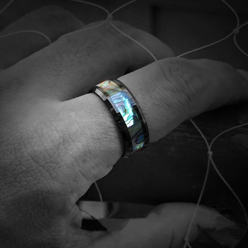 Fashion 8mm Men's Black Stainless Steel Ring Colorful Abalone Shell Inlay Beveled Edged Titanium Ring Men's Wedding Band