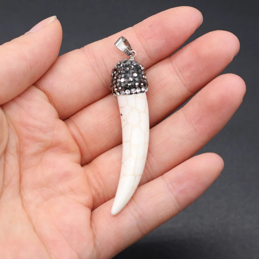 Natural Stone Pendant wolf's tooth shape inlaid with Crystal for Women Jewelry Making Necklace Accessories Reiki Healing Gift
