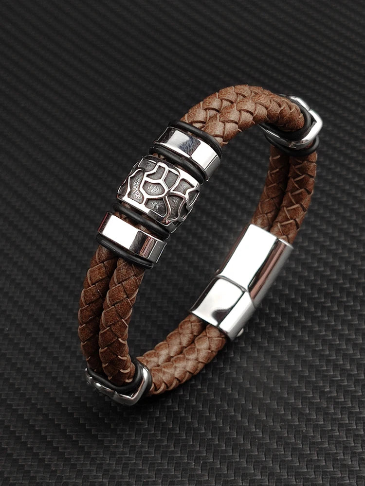Brown Luxury 316L Stainless Steel Irregularly Cracked Man Bracelet Genuine Braided Leather Men's Jewelry Free Shipping Items
