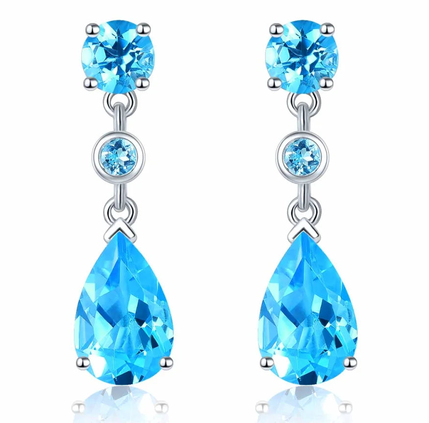 Natural Blue Topaz Solid Silver Earring for Women 4 Carats Dark Blue Topaz Pear Cut Women Elegant Classic Jewelry New Year Gift Swiss Blue Topaz