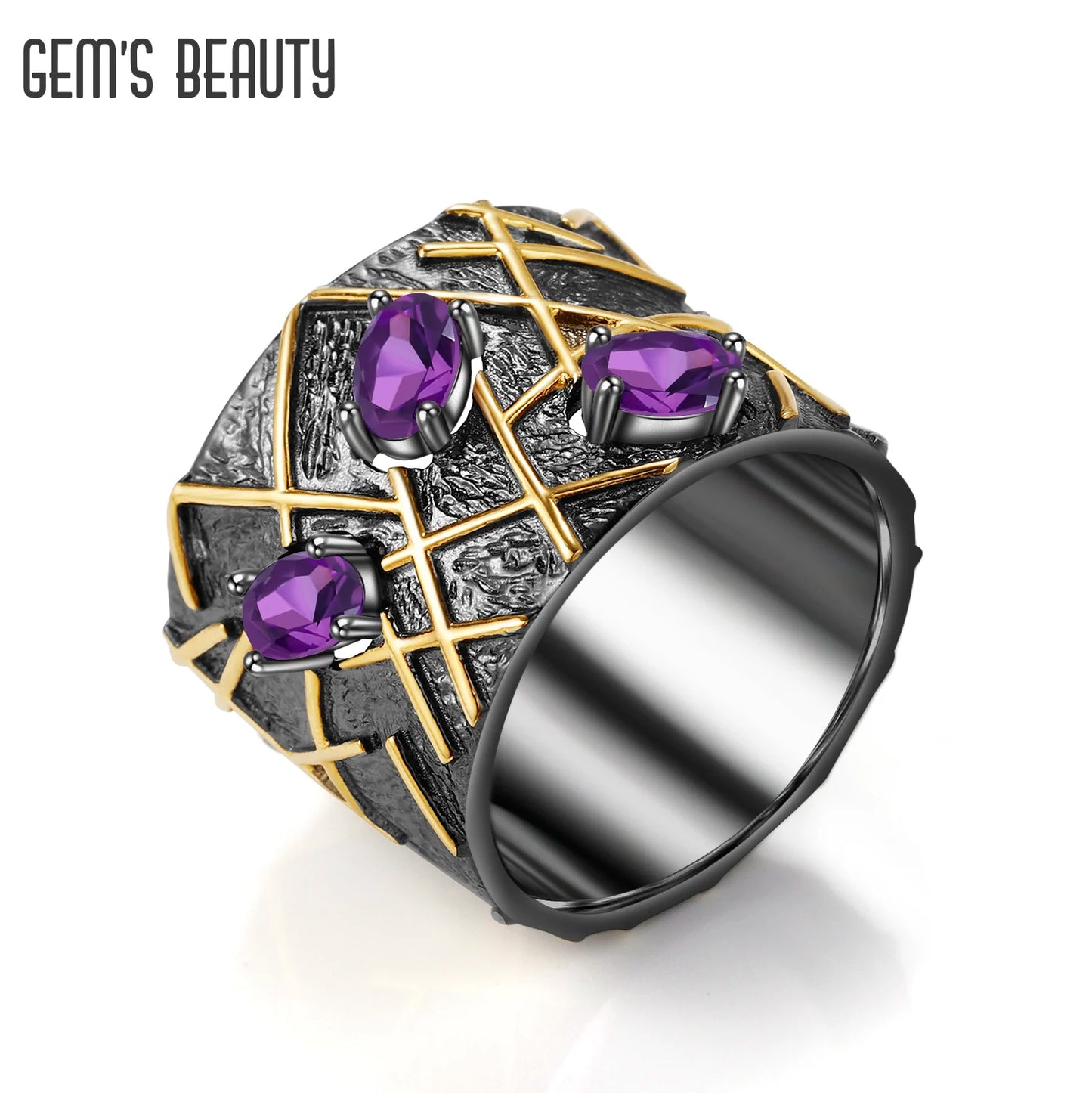 GEM'S BEAUTY 925 Sterling Silver 18K Gold Filled Rings For Women Unique Three-Stone with Natural Amethyst Handmade Rings