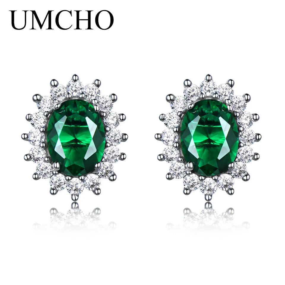 UMCHO Luxury Genuine 925 Sterling Silver Earrings for Women Blue Sapphire Diana Wedding Party Jewelry Romantic Gift Fine Jewelry Emerald