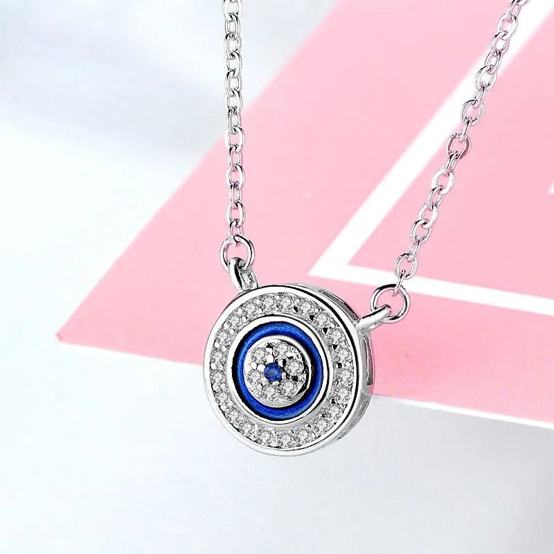 KALETINE Turkey CZ Evil Eye 925 Sterling Silver Jewellery Sets for Women Blue Round Pendant Necklace Ring Stud Earrings Wedding